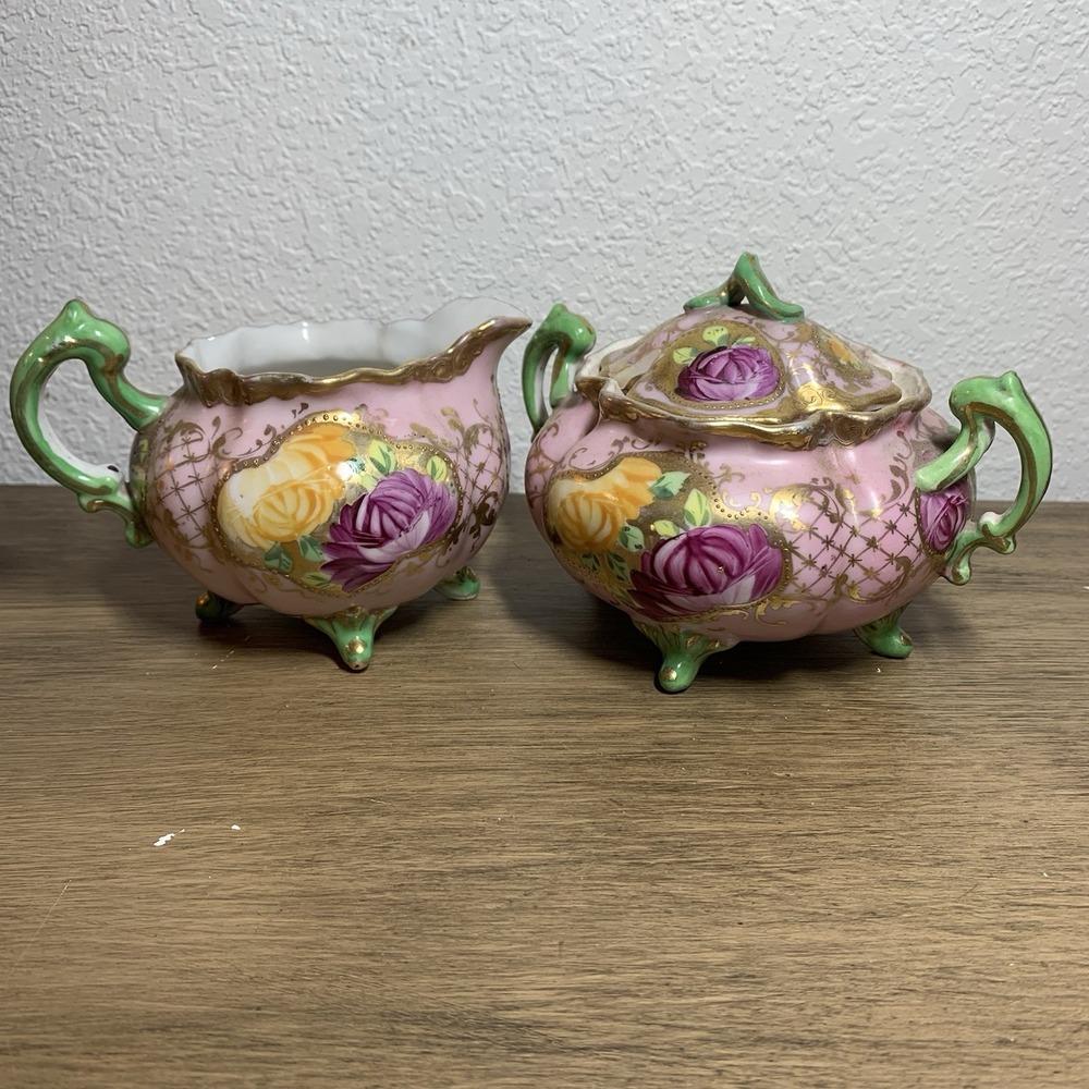 VTG Moriage Porcelain Creamer Sugar Bowl‎ Set Roses Gold Trim Green Purple Fancy